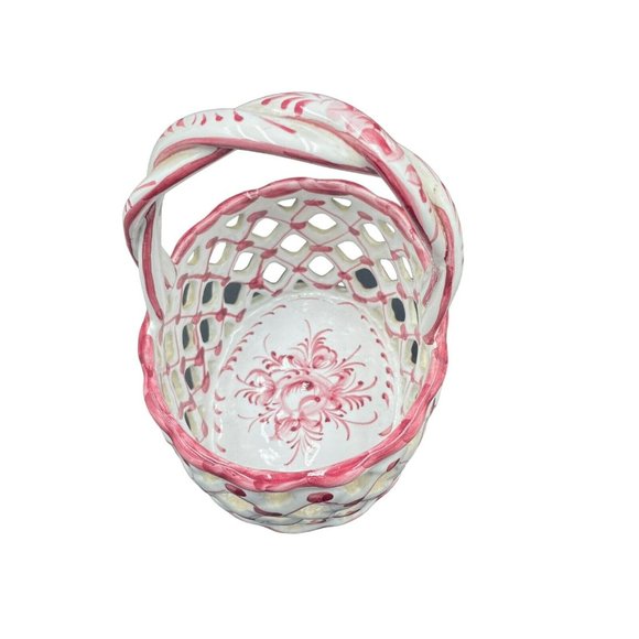Ceramic Woven Egg Basket Portugal Hand Painted Braided Handle Pink White 7” - Picture 5 of 8